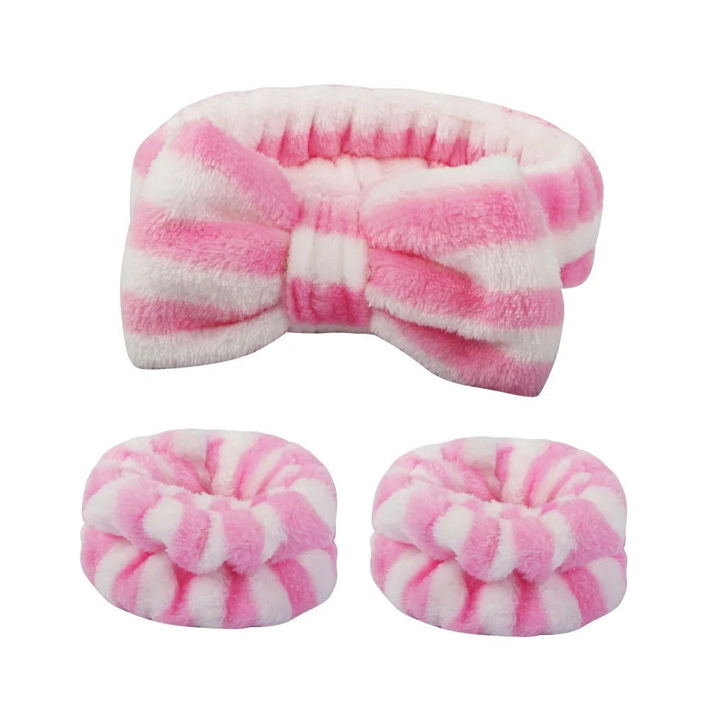 Bandeau maquillage en flanelle avec nœud + protège-poignets absorbants – Accessoire soin visage